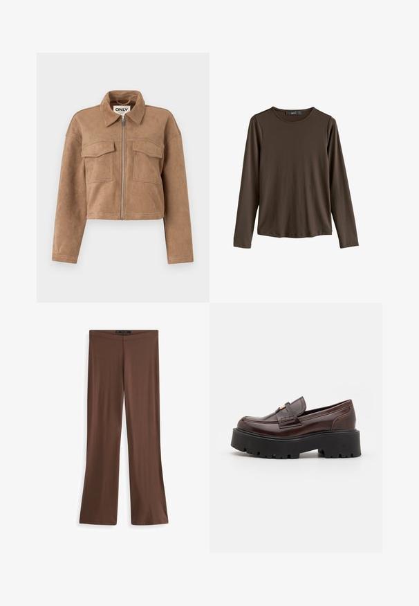 Veste cropped marron en daim doux avec des manches longues, une fermeture éclair et deux poches poitrine. Présente des accents de couture visibles.; Chemise marron à manches longues en tissu lisse. Elle présente un col rond et un ourlet droit, sans motifs ni accents visibles.; Pantalons évasés marron en tissu extensible avec une texture lisse et une taille élastique. Pas de motifs ni de matériel visible. Design simple, longueur complète.; Madden Girl CALISTA - Chaussons - brown