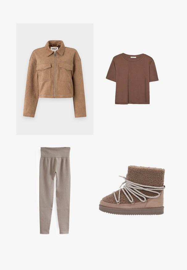 Brązowa krótka kurtka z miękkiego zamszu z długimi rękawami, zamkiem błyskawicznym i dwoma kieszeniami na piersi. Posiada widoczne akcenty stębnowania.; Brązowa koszulka z krótkim rękawem, wykonana z miękkiego materiału, z okrągłym dekoltem i luźnym krojem. Brak widocznych wzorów lub akcentów.; Beżowe legginsy w prążki z szerokim pasem, zwężanymi nogawkami i gładką teksturą, zaprojektowane z myślą o wygodzie i elastyczności.; Brązowy botek z kożuszka do kostki z teksturowaną cholewką i kontrastowym, gładkim panelem z zamszu. Posiada szerokie, wzorzyste sznurówki oraz płaską podeszwę.