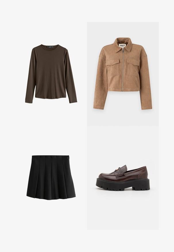 Veste cropped marron en daim doux avec des manches longues, une fermeture éclair et deux poches poitrine. Présente des accents de couture visibles.; Chemise marron à manches longues en tissu lisse. Elle présente un col rond et un ourlet droit, sans motifs ni accents visibles.; Jupe mini plissée noire avec une taille lisse et des plis déstructurés en forme de boîte inversée, isolée sur fond blanc.; Madden Girl CALISTA - Chaussons - brown
