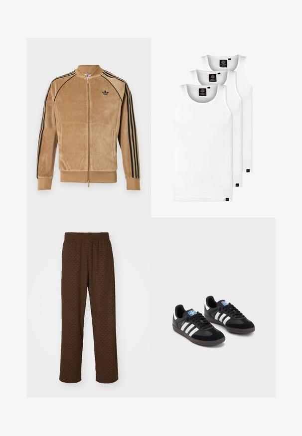 Zīda zamšādas jakas ar rāvējslēdzēju gaismas brūnā krāsā, ar melnām sānu svītrām, ribotām aprocēm un izšūtu logo uz kreisā krūtīm.; Trīs baltas ribotas krūšturi, kas izgatavoti no kokvilnas. Iezīmēti ar apaļu kakla izgriezumu un maziem melniem etiķetēm tuvu apakšmalai. Pieejami vairākos izmēros.; Brūnas, teksturētas bikses ar elastīgu jostu un smalku lapu rakstu; taisna kāju forma bez redzamām kabatām vai akcentiem.; Melnas sporta apavas ar zamšādas un sintētisku augšdaļu, ar trim baltām svītrām, teksturētu gumijas zoli un zilu logo birku uz mēles.