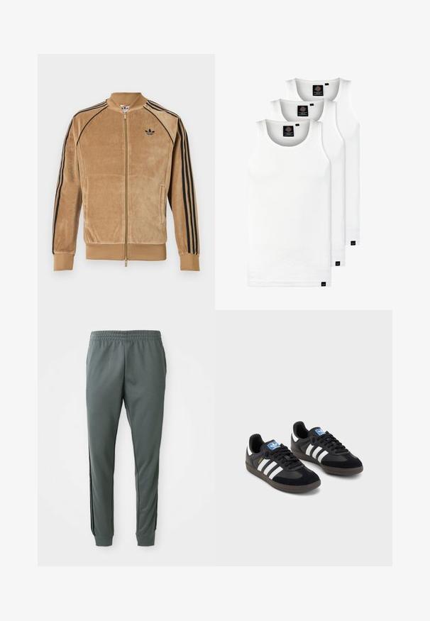 Casaco de veludo com fecho éclair em castanho claro, apresentando riscas laterais pretas, punhos canelados e um logótipo bordado no lado esquerdo do peito.; Três tops em algodão de alças brancas com nervuras. Apresentam um decote redondo e pequenas etiquetas pretas perto da bainha. Disponíveis em vários tamanhos.; Calças de jogging cinzentas com cintura elástica, pernas ajustadas e faixas laterais pretas, feitas de um tecido suave e elástico.; Sneakers pretos com parte superior em camurça e sintético, apresentando três riscas brancas, sola de borracha texturizada e etiqueta azul no linguete.