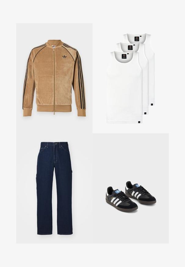 Kerge pruun sametist tõmblukuga jope, millel on mustad külgtriibud, soonikkoes randmed ja vasakul rinnal brodeeritud logo.; Kolm valget ribaga t-särki, mis on valmistatud puuvillast. Omavad ümmargust kaelanõhku ja väikseid musti silte hemme lähedal. Saadaval erinevates suurustes.; Tumedate denim püksid sirge jala disainiga, külje taskute ja kontrastsete õmblustega. Ei ole nähtavat kulumist ega mustreid.; Mustad tossud, mille pealseks on seemisnahk ja sünteetilised materjalid, kolme valge triibuga, tekstureeritud kummitald ja sinine logo silt keele peal.