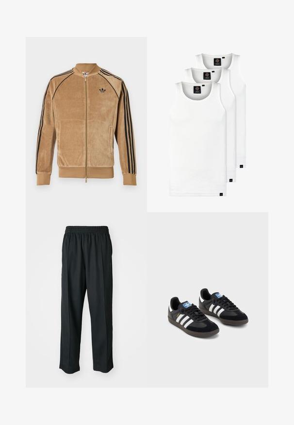 Šviesiai rudos aksominė striukė su užtrauktuku, su juodomis šoninėmis juostelėmis, įrengtais megztomis rankogaliais ir išsiuvinėtu logotipu kairėje krūtinės pusėje.; Trys balti, dryžuoti marškiniai be rankovių, pagaminti iš medvilnės. Yra apvalus kaklas ir maži juodi etiketės netoli siūlės. Siūlomi įvairių dydžių.; Juodi sportiniai kelnių modeliai su elastinga juosmena, pagaminti iš šiurkščios medžiagos, su subtiliomis šoninėmis siūlėmis ir laisva, tiesia koja.; Juodi sportiniai bateliai su zomšos ir sintetine viršutine dalimi, turintys tris baltas juosteles, tekstūruotą gumos pado paviršių ir mėlyną logotipo etiketę ant liežuvėlio.