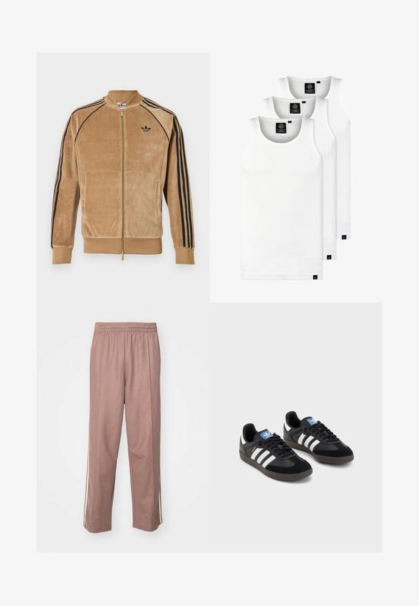 Zīda zamšādas jakas ar rāvējslēdzēju gaismas brūnā krāsā, ar melnām sānu svītrām, ribotām aprocēm un izšūtu logo uz kreisā krūtīm.; Trīs baltas ribotas krūšturi, kas izgatavoti no kokvilnas. Iezīmēti ar apaļu kakla izgriezumu un maziem melniem etiķetēm tuvu apakšmalai. Pieejami vairākos izmēros.; Gaiši rozā sporta bikses ar elastīgu jostu, sānu svītrām un taisnām kājām. Izgatavotas no mīksta, elastīga materiāla.; Melnas sporta apavas ar zamšādas un sintētisku augšdaļu, ar trim baltām svītrām, teksturētu gumijas zoli un zilu logo birku uz mēles.