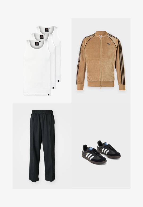 Velvet zip-up jacket in light brown, featuring black side stripes, ribbed cuffs, and an embroidered logo on the left chest.; Three white ribbed tank tops made of cotton. Features a crew neck and small black labels near the hem. Available in multiple sizes.; Black athletic pants with an elastic waistband, made of smooth fabric, featuring subtle side stitching and a relaxed fit, straight leg design.; Black sneakers with a suede and synthetic upper, featuring three white stripes, textured rubber sole, and blue logo tag on the tongue.