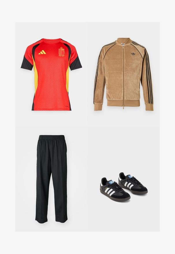 Chaqueta de terciopelo con cremallera en color marrón claro, con franjas laterales negras, puños acanalados y un logo bordado en el lado izquierdo del pecho.; Camiseta roja de mangas cortas con acentos en negro y amarillo, que presenta un patrón texturizado, la marca Adidas y un emblema central.; Pantalones deportivos negros con cintura elástica, confeccionados en tela suave, que presentan costuras laterales sutiles y un ajuste relajado, diseño de pierna recta.; Zapatillas negras con un upper de ante y sintético, con tres rayas blancas, suela de goma texturizada y etiqueta de logo azul en la lengüeta.