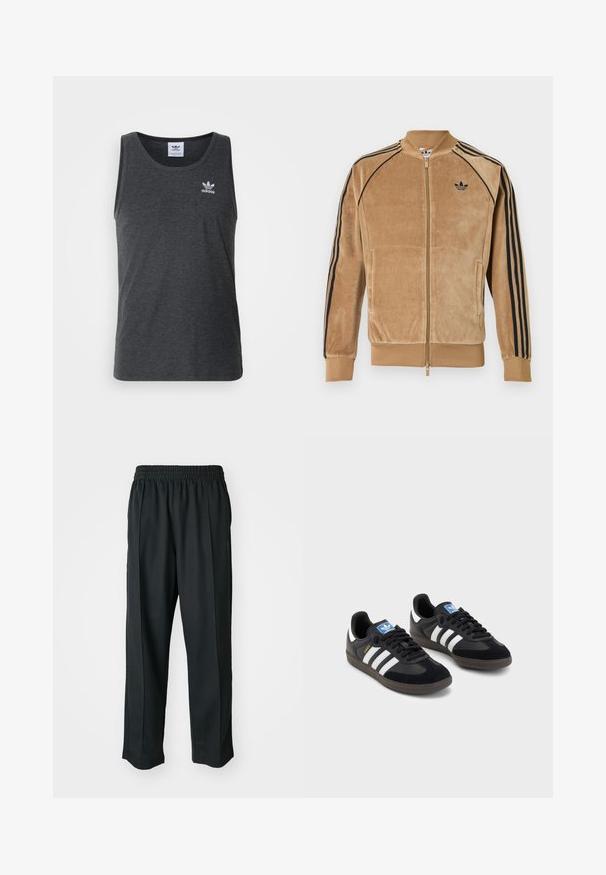Velour zip-jakke i lys brun, med sorte sidelister, ribbede manchetter og et broderet logo på venstre bryst.; Sort ribbet tanktop lavet af bomuld med rund halsudskæring. Har et lille hvidt Adidas-logo på øverste venstre side.; Sorte træningsbukser med elastisk talje, lavet af glat stof, med diskrete sidesyninger og en afslappet pasform, lige ben design.; Sorte sneakers med en overdel i ruskind og syntetisk materiale, med tre hvide striber, struktureret gummisål og en blå logoetiket på tungen.