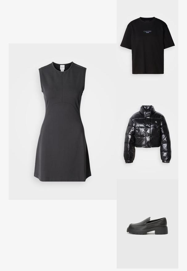 Zkrácená černá péřová bunda s lesklým povrchem, vysokým límcem, předním zipem a logem. Má široké rukávy a prošívané části.; Černé bezramínkové šaty z hladkého materiálu, s vysokým výstřihem, předním zipem a přiléhavým trupem s rozšířeným lemem.; Černé bavlněné tričko s kulatým výstřihem a krátkými rukávy, s modrou vyšitou nášivkou "Calvin Klein JEANS" na přední straně.; Černé kožené mokasíny s okrouhlou špičkou, silnou strukturovanou podrážkou a minimálními detaily šití. Elegantní design bez viditelných tkaniček nebo kovových prvků.