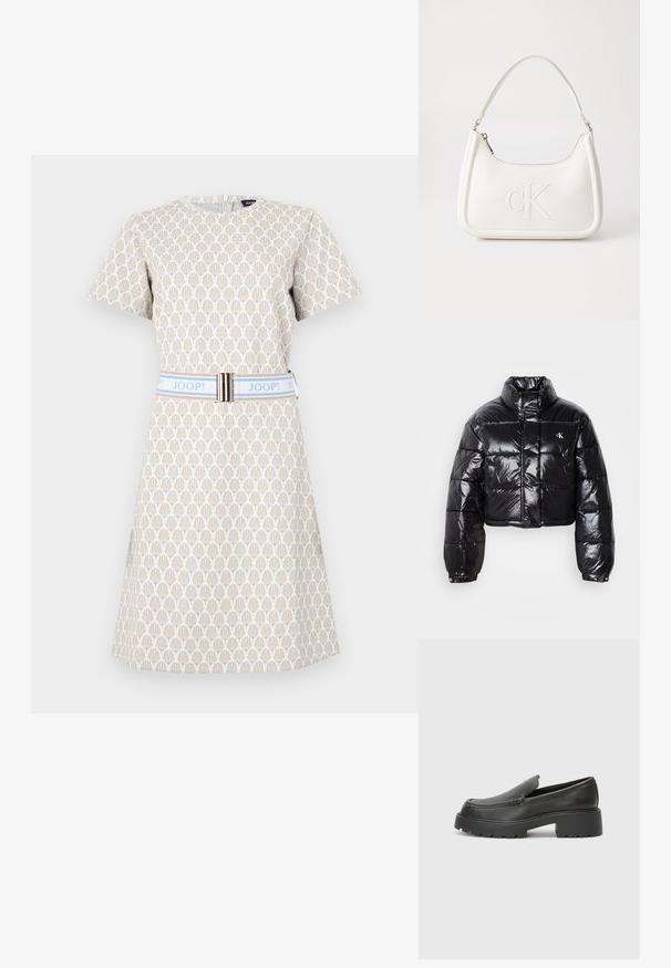 Veste doudoune noire coupée avec finition brillante, col haut, fermeture éclair à l'avant et détail de logo. Présente des manches surdimensionnées et des sections matelassées.; Robe à manches courtes en crème avec un motif géométrique bleu et marron. Présente une ceinture bleue avec un accent argenté et un col rond.; Mocassins en cuir noir avec un bout arrondi, une semelle épaisse et texturée, et des détails de couture minimalistes. Design épuré sans lacets ni métal visibles.; Sac à main en cuir blanc avec une forme courbée, arborant un logo "CK" embossé à l'avant et une seule bandoulière. Fermeture à glissière en haut.