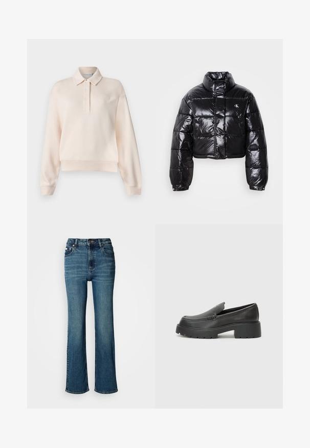 Giacca a vento nera cropped con finitura lucida, colletto alto, zip frontale e dettaglio con logo. Presenta maniche oversized e sezioni trapuntate.; Felpa polo rosa pallido con colletto, aperture con tre bottoni e logo del marchio impresso sul petto. Tessuto morbido, vestibilità rilassata.; Jeans a vita alta blu in denim, con un design a gamba dritta, lievi sbiaditure e chiusura con bottone e cerniera standard.; Mocassini in pelle nera con punta arrotondata, suola spessa e testurizzata, e minime cuciture. Design elegante senza lacci o parti metalliche visibili.