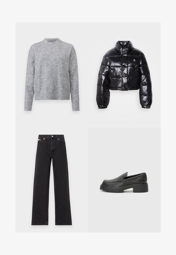 Gekürzte schwarze Steppjacke mit glänzender Oberfläche, hohem Kragen, Frontreißverschluss und Logodetail. Verfügt über übergroße Ärmel und gesteppte Abschnitte.; Grauer Pullover aus weichem Strickmaterial, mit Rundhalsausschnitt und langen Ärmeln, die Rippenabschlüsse und Saum haben. Keine Muster oder Akzente.; Schwarze weit geschnittene Jeans aus Denim mit einem hoch sitzenden Bund, fünf Taschen und einem Metallknopfverschluss mit kontrastierendem Nähte.; Schwarze Lederloafer mit einer abgerundeten Spitze, dicker strukturierten Laufsohle und minimalen Nähten. Schlankes Design ohne sichtbare Schnürsenkel oder Beschläge.