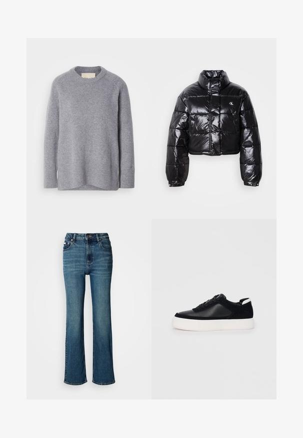 Cropped black puffer jacket with glossy finish, high collar, front zipper, and logo detail. Features oversized sleeves and quilted sections.; Light grey, long-sleeve, crewneck sweater with ribbed cuffs and hem made of soft knit fabric.; High-waisted blue jeans made of denim, featuring a straight leg design, subtle fading, and a standard button and zipper closure.; Black sneaker with smooth leather and suede panels, flat laces, rounded toe, and a white rubber sole. Distinct logo on the heel.