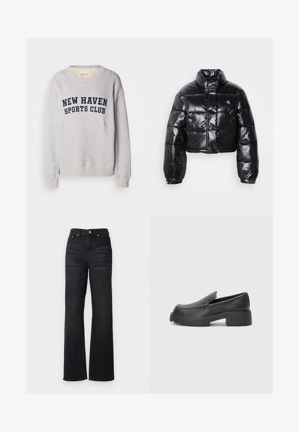 Kuttet svart dunjakke med glatt finish, høy krage, frontlås og logo-detalj. Den har overdimensjonerte ermer og quiltede seksjoner.; Lys grå hettegenser laget av bomullsmiks, med marineblå tekst "NEW HAVEN SPORTS CLUB" på tvers av brystet. Ribbestrikkede mansjetter og kant.; Sorte denim vide bukser med høj talje, fem-lomme design og sølv metalknap. Stoffer har en glat tekstur og let stræk.; Sorte skinnloafers med rund tå, tykk teksturert såle og minimale sømdetaljer. Strømlinjeformet design uten synlige snørebånd eller hardvarer.