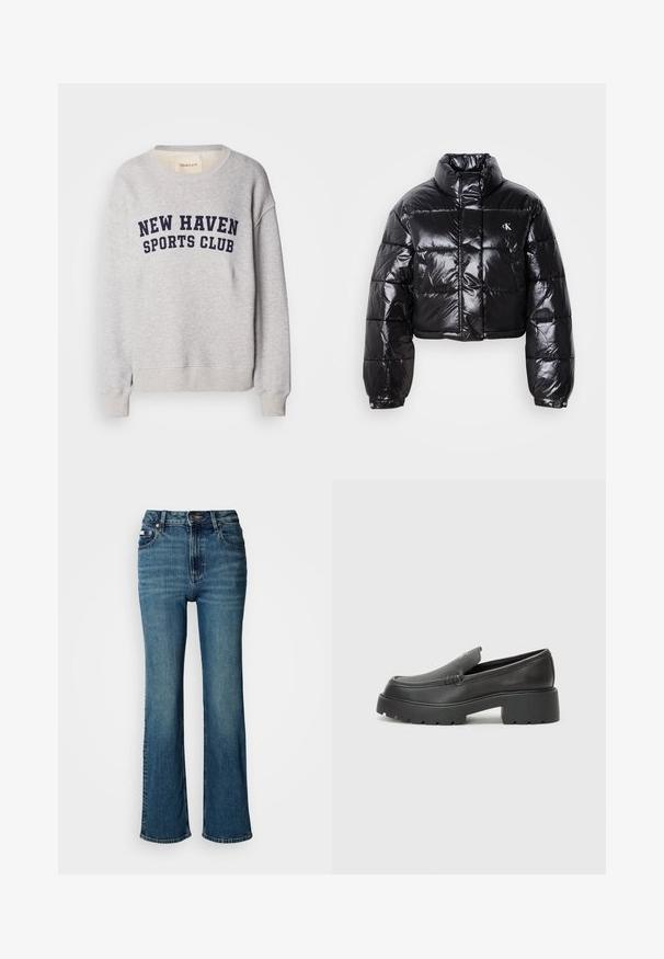 Lühendatud must puffer-jakk läikiva viimistlusega, kõrge krae, eeslukuga ja logodetailiga. Omab üleöö suuruseid varrukaid ja tikitud sektsioone.; Heled hallist puuvillasegust sweatshirting, millel on rinnal tumesinise värvi tekst "NEW HAVEN SPORTS CLUB". Soonikkoesed ja allserva soonik.; Kõrge vöökohaga sinised teksad, mis on valmistatud denimist, sirge jalaga disain, kerge pleekimine ning tavaline nööp ja tõmblukk.; Mustad nahast loafers ümarate varvastega, paksu tekstuuriga tald ja minimaalsete õmbluse detailidega. Viimistletud disain, kus pole nähtavaid paelu ega riistu.