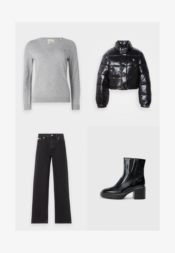 Zkrácená černá péřová bunda s lesklým povrchem, vysokým límcem, předním zipem a logem. Má široké rukávy a prošívané části.; Šedý svetr s výstřihem do V vyrobený z měkké tkaniny, s dlouhými rukávy a malým logem na hrudi. Hladký lem a manžety.; Černé široké jeansy vyrobené z denimu, s vysokým pasem, pěti kapsami a kovovým zapínáním s kontrastním prošíváním.; Černé lakované kotníkové boty s zakřivenou špičkou, elastickými bočními panely a robustním blokovým podpatkem. Na zadní straně se nachází embosované logo.