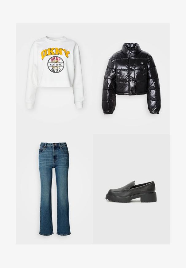 Zkrácená černá péřová bunda s lesklým povrchem, vysokým límcem, předním zipem a logem. Má široké rukávy a prošívané části.; Bílá zkrácená mikina s kulatým výstřihem, na přední straně s multicolor vyšívanými grafikami "DKNY" a "NEW YORK".; Džínsy s vysokým pasem modré barvy vyrobené z denimu, s rovnými nohavicemi, mírným vyblednutím a standardním zapínáním na knoflík a zip.; Černé kožené mokasíny s okrouhlou špičkou, silnou strukturovanou podrážkou a minimálními detaily šití. Elegantní design bez viditelných tkaniček nebo kovových prvků.