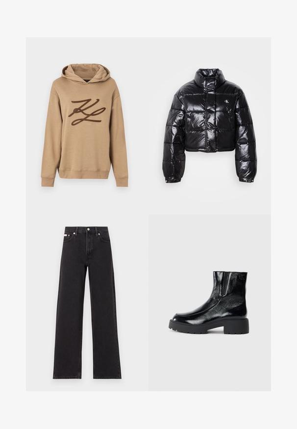 Skrajšana črna pufasta jakna z sijajno površino, visokim ovratnikom, sprednjim zadrgo in detajlom logotipa. Ima prevelike rokave in kviltane dele.; Tan zipka iz mehkega blaga, ki ima velik rjav logotip na sprednji strani ter kengurujskimi žepi. Vključuje kapuco s vrvico in rebraste manšete.; Črne široke jeans hlače iz denima, s poudarjenim pasom, petimi žepi in kovinskim gumbom za zapiranje ter kontrastnim šivanjem.; Črne gležnarje z sijajnim patentiranim usnjem, debele črne gumijaste podplate in dvignjen petni del; vključujejo subtilen logotip na strani.