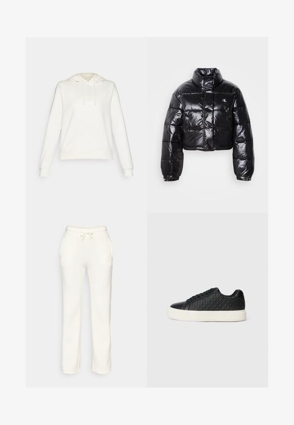 Giacca a vento nera cropped con finitura lucida, colletto alto, zip frontale e dettaglio con logo. Presenta maniche oversized e sezioni trapuntate.; Felpa bianca con cappuccio regolabile, maniche lunghe e polsini a costine. Presenta una texture del tessuto liscia e una vestibilità comoda.; Pantaloni della tuta bianchi con vita elasticizzata, coulisse e tasche laterali, esposti su uno sfondo semplice.; Sneaker neri con un motivo a diamante diagonale testurizzato, chiusura con lacci neri e suola in gomma bianca. La vista laterale mette in evidenza un design elegante.