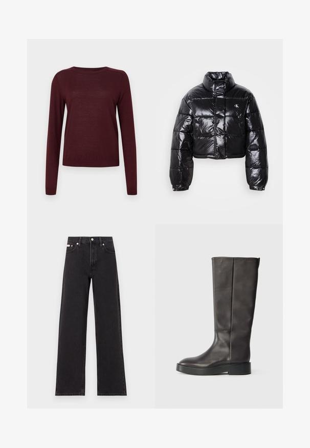 Geknipt zwart pufferjack met glanzende afwerking, hoge kraag, ritssluiting aan de voorkant en logodetail. Beschikt over oversized mouwen en gestikte delen.; Bordeaux lange mouwen trui gemaakt van zacht materiaal, met een ronde hals en geribbelde manchetten, en een lichte, gladde textuur.; Zwarte wijde spijkerbroeken van denim, met een hoge taille, vijf-pocket stijl en een metalen knoopsluiting met contrasterende stiksels.; Zwarte leren laars tot de knie met een dikke zool en subtiele Calvin Klein-logo nabij de bovenrand, zijaanzicht.