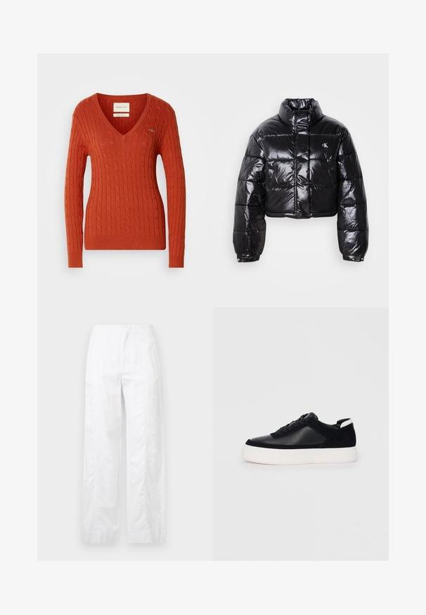 Veste doudoune noire coupée avec finition brillante, col haut, fermeture éclair à l'avant et détail de logo. Présente des manches surdimensionnées et des sections matelassées.; Pull en tricot rouge avec un col en V et des manches longues. Présente des poignets et un ourlet côtelés, ainsi qu'un petit logo sur la poitrine gauche.; Pantalons larges blancs en tissu léger, présentant une texture lisse, des lignes épurées et une taille haute.; Sneaker noir avec des panneaux en cuir lisse et en daim, lacets plats, bout rond et semelle en caoutchouc blanche. Logo distinct au niveau du talon.