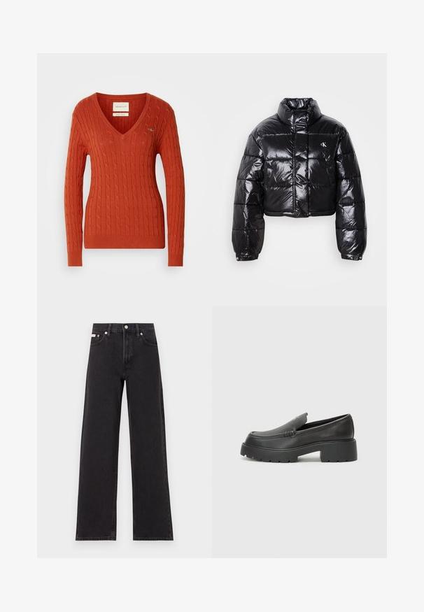 Gekürzte schwarze Steppjacke mit glänzender Oberfläche, hohem Kragen, Frontreißverschluss und Logodetail. Verfügt über übergroße Ärmel und gesteppte Abschnitte.; Roter Kabelstrickpullover mit V-Ausschnitt und langen Ärmeln. Verfügt über gerippte Bündchen und Saum sowie ein kleines Logo auf der linken Brust.; Schwarze weit geschnittene Jeans aus Denim mit einem hoch sitzenden Bund, fünf Taschen und einem Metallknopfverschluss mit kontrastierendem Nähte.; Schwarze Lederloafer mit einer abgerundeten Spitze, dicker strukturierten Laufsohle und minimalen Nähten. Schlankes Design ohne sichtbare Schnürsenkel oder Beschläge.