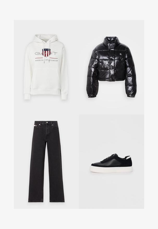 Veste doudoune noire coupée avec finition brillante, col haut, fermeture éclair à l'avant et détail de logo. Présente des manches surdimensionnées et des sections matelassées.; Sweat-shirt en coton blanc avec une poche kangourou à l'avant, des cordons de serrage ajustables et un logo graphique en rouge, bleu et gris.; Jeans noirs à jambes larges en denim, avec une taille haute, une coupe à cinq poches et une fermeture à bouton en métal avec des coutures contrastantes.; Sneaker noir avec des panneaux en cuir lisse et en daim, lacets plats, bout rond et semelle en caoutchouc blanche. Logo distinct au niveau du talon.