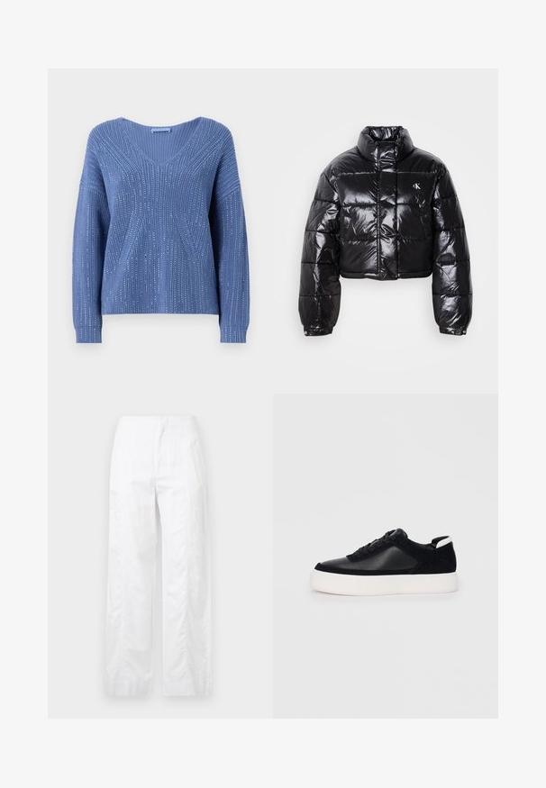 Veste doudoune noire coupée avec finition brillante, col haut, fermeture éclair à l'avant et détail de logo. Présente des manches surdimensionnées et des sections matelassées.; Pull en tricot bleu avec un col en V, doté de côtes verticales et de reflets subtils. Manches longues avec une coupe décontractée.; Pantalons larges blancs en tissu léger, présentant une texture lisse, des lignes épurées et une taille haute.; Sneaker noir avec des panneaux en cuir lisse et en daim, lacets plats, bout rond et semelle en caoutchouc blanche. Logo distinct au niveau du talon.