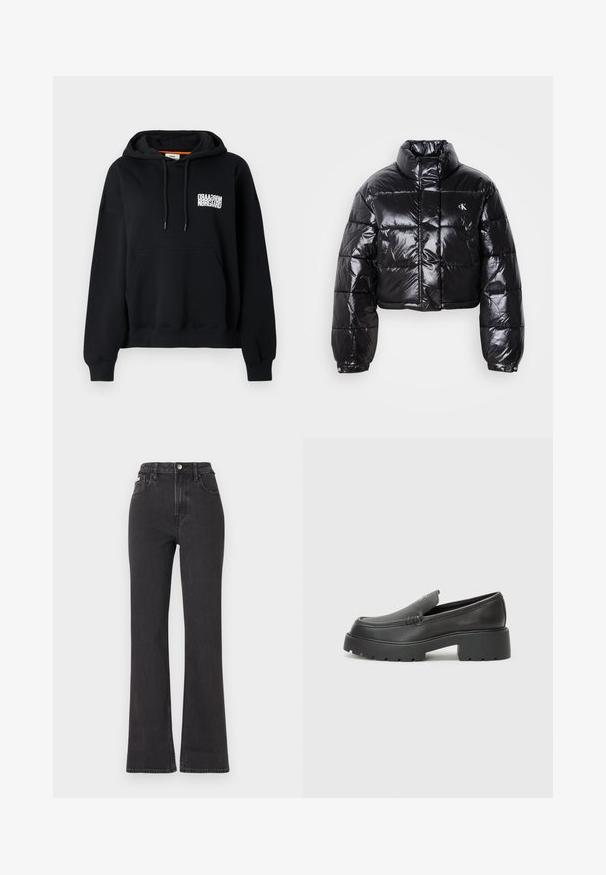 Geknipt zwart pufferjack met glanzende afwerking, hoge kraag, ritssluiting aan de voorkant en logodetail. Beschikt over oversized mouwen en gestikte delen.; Zwart hoodie met een voorzak, trekkoorden en witte opdruk. Zachte stof, ribgebreide boorden en zoom. Normale pasvorm.; Zwarte hoge taille flared jeans van denim, met een knoopsluiting, riemlussen en zijzakken. Gladde textuur met minimale vervaging.; Zwarte leren instappers met een ronde neus, dikke getextureerde zool en minimale stikseldetails. Strak ontwerp zonder zichtbare veters of hardware.