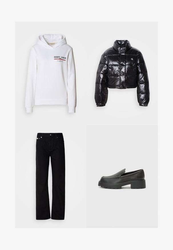 Giacca a vento nera cropped con finitura lucida, colletto alto, zip frontale e dettaglio con logo. Presenta maniche oversized e sezioni trapuntate.; Felpa bianca realizzata in tessuto morbido, caratterizzata da un logo frontale con "GANT 1949" e accenti a strisce rosse/blu, con maniche lunghe e cappuccio con coulisse.; Pantaloni in denim nero a gamba dritta con cinque tasche, rivetti argentati e chiusura con bottone. Il tessuto ha una finitura liscia e leggermente testurizzata.; Mocassini in pelle nera con punta arrotondata, suola spessa e testurizzata, e minime cuciture. Design elegante senza lacci o parti metalliche visibili.