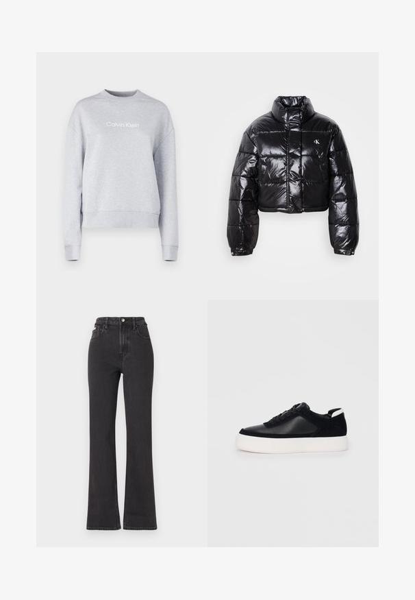 Casaco puffer preto cropped com acabamento brilhante, gola alta, fecho éclair à frente e detalhe de logótipos. Apresenta mangas oversized e secções acolchoadas.; Calvin Klein HERO LOGO - Camisola - light grey heather; Jeans flared pretos de cintura alta feitos de denim, com fecho de botão, passadores para cinto e bolsos laterais. Textura suave com desbotamento mínimo.; Sapatilha preta com painéis de pele lisa e camurça, atacadores planos, bico arredondado e sola de borracha branca. Logótipo distinto no calcanhar.