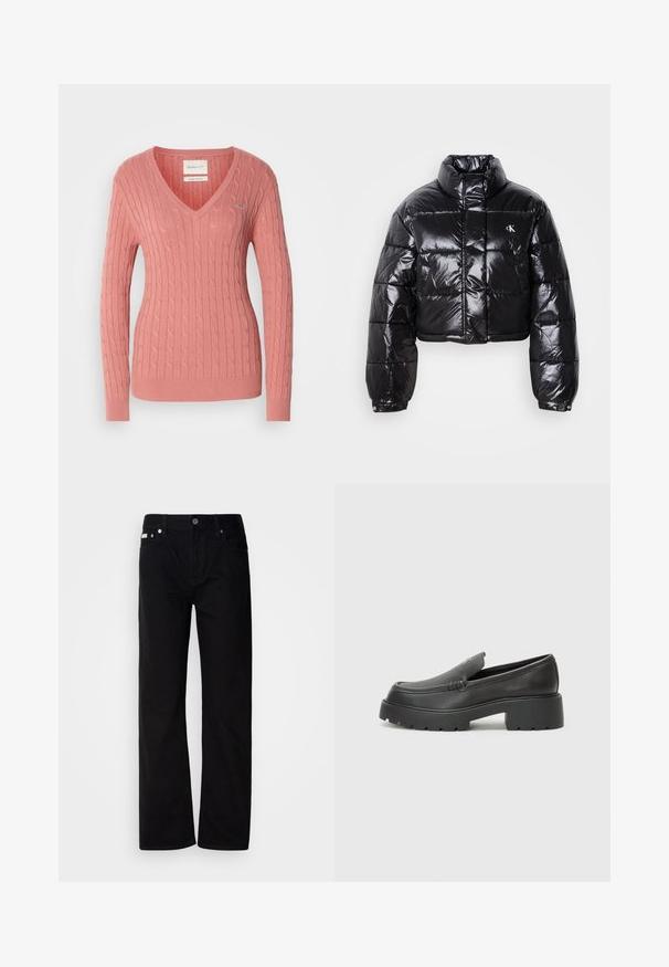 Gekürzte schwarze Steppjacke mit glänzender Oberfläche, hohem Kragen, Frontreißverschluss und Logodetail. Verfügt über übergroße Ärmel und gesteppte Abschnitte.; Rosa V-Ausschnitt-Pullover aus strukturiertem Strickstoff, mit einem Zopf-Muster und gerippten Bündchen und Saum. Kleines Logodetail auf der Brust.; Schwarze Denim-Hosen mit geradem Bein, fünf Taschen, silbernen Nieten und einem Knopfverschluss. Der Stoff hat eine glatte, leicht strukturierte Oberfläche.; Schwarze Lederloafer mit einer abgerundeten Spitze, dicker strukturierten Laufsohle und minimalen Nähten. Schlankes Design ohne sichtbare Schnürsenkel oder Beschläge.