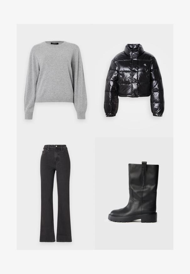 Giacca a vento nera cropped con finitura lucida, colletto alto, zip frontale e dettaglio con logo. Presenta maniche oversized e sezioni trapuntate.; Maglione a girocollo grigio chiaro realizzato in materiale morbido. Presenta un collo rotondo, maniche lunghe e una vestibilità comoda con polsini e orlo a coste.; Jeans neri a vita alta e a zampa d'elefante in denim, con chiusura a bottoni, passanti per cintura e tasche laterali. Texture liscia con minimal fading.; Stivali neri in pelle alti fino al ginocchio con un design elegante, dotati di una suola spessa e di una linguetta laterale per un indossamento facilitato. Cuciture decorative in evidenza.