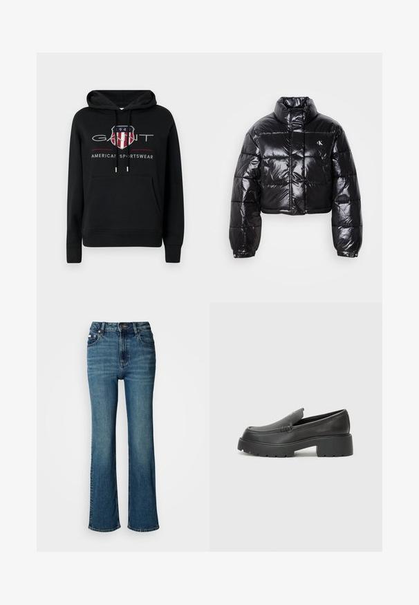 Cropped black puffer jacket with glossy finish, high collar, front zipper, and logo detail. Features oversized sleeves and quilted sections.; Black cotton hoodie with a front pocket, adjustable drawstring hood, and a graphic logo featuring a shield and text in red and grey.; High-waisted blue jeans made of denim, featuring a straight leg design, subtle fading, and a standard button and zipper closure.; Black leather loafers with a rounded toe, thick textured sole, and minimal stitching details. Sleek design with no visible laces or hardware.