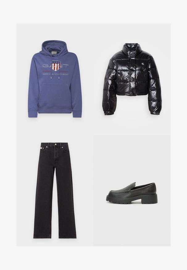 Krótkia czarna kurtka puchowa o błyszczącym wykończeniu, z wysokim kołnierzem, przednim zapięciem na zamek i detalem logo. Posiada obszerne rękawy i pikowane sekcje.; GANT - Bluza; Czarne dżinsy o szerokich nogawkach, wykonane z denimu, z wysokim stanem, pięcioma kieszeniami oraz metalowym zapięciem z kontrastowym szwem.; Czarne skórzane mokasyny z zaokrąglonym noskiem, grubą fakturowaną podeszwą oraz minimalnymi detalami szycia. Elegancki design bez widocznych sznurowadeł czy elementów metalowych.