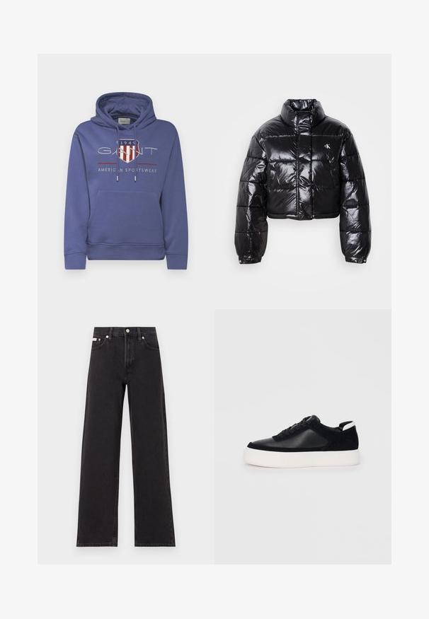 Jachetă puffer neagră scurtă cu finisaj lucios, guler înalt, fermoar frontal și detaliu cu logo. Are mâneci supradimensionate și secțiuni quilted.; GANT ARCHIVE SHIELD HOODIE - Bluză de molton - dusty navy; Jeanși negri cu picioare largi, fabricați din denim, cu talie înaltă, stil cu cinci buzunare și închidere cu nasture metalic, cu cusături contrastante.; Sneaker negru cu piele netedă și panouri din întăritură, șireturi plate, vârf rotund și talpă din cauciuc alb. Logo distinct pe călcâi.