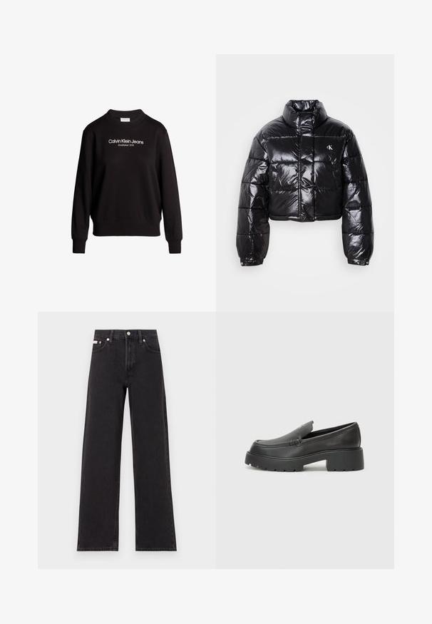 Zkrácená černá péřová bunda s lesklým povrchem, vysokým límcem, předním zipem a logem. Má široké rukávy a prošívané části.; Calvin Klein Jeans INSTITUTIONAL GRAPHIC - Mikina - black; Černé široké jeansy vyrobené z denimu, s vysokým pasem, pěti kapsami a kovovým zapínáním s kontrastním prošíváním.; Černé kožené mokasíny s okrouhlou špičkou, silnou strukturovanou podrážkou a minimálními detaily šití. Elegantní design bez viditelných tkaniček nebo kovových prvků.