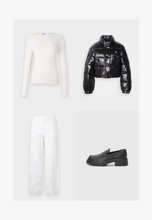 Lühendatud must puffer-jakk läikiva viimistlusega, kõrge krae, eeslukuga ja logodetailiga. Omab üleöö suuruseid varrukaid ja tikitud sektsioone.; Pikkade varrukatega, ribadega valge topp ümmarguse kaeluse ja pehme tekstuuriga, mis on küllaltki keha lähedal istuv. Nähtavat metallist detaile ega sisekujundust pole. Ühtlane viimistlus.; Valged laiad püksid, mis on valmistatud kergetest materjalidest, omades siledat tekstuuri, puhtaid jooni ja kõrget vöökohta.; Mustad nahast loafers ümarate varvastega, paksu tekstuuriga tald ja minimaalsete õmbluse detailidega. Viimistletud disain, kus pole nähtavaid paelu ega riistu.