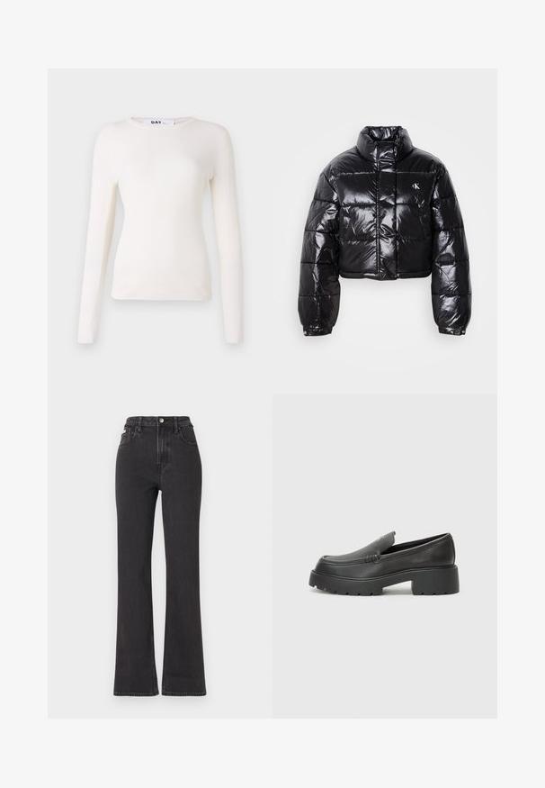 Gekürzte schwarze Steppjacke mit glänzender Oberfläche, hohem Kragen, Frontreißverschluss und Logodetail. Verfügt über übergroße Ärmel und gesteppte Abschnitte.; Langärmliges, geripptes weißes Oberteil mit rundem Ausschnitt, weicher Textur und tailliertem Design. Keine sichtbaren Beschläge oder Muster. Glatte Oberfläche.; Schwarze, hochgeschnittene Schlagjeans aus Denim mit Knopfverschluss, Gürtelschlaufen und seitlichen Taschen. Glatte Textur mit minimaler Ausbleichung.; Schwarze Lederloafer mit einer abgerundeten Spitze, dicker strukturierten Laufsohle und minimalen Nähten. Schlankes Design ohne sichtbare Schnürsenkel oder Beschläge.