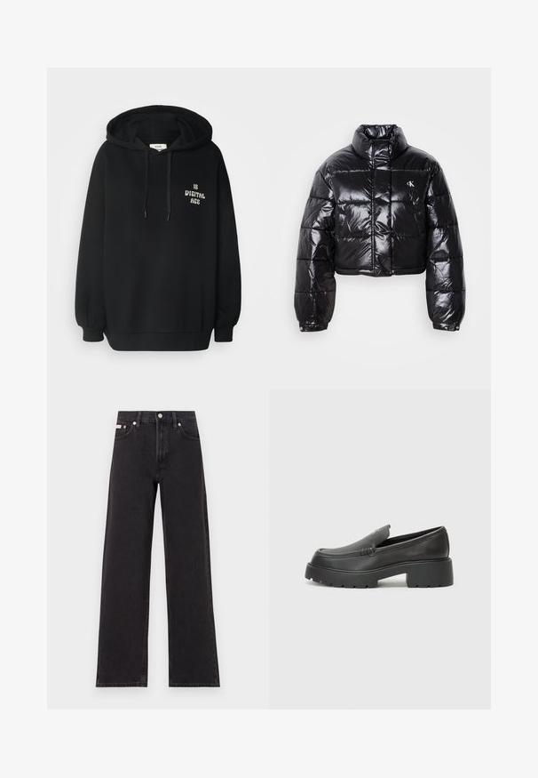 Izgriezta melna pūkainā jaka ar spīdīgu apdari, augstu apkakli, priekšējiem rāvējslēdzējiem un logotipa detaļām. Iezīmējas ar pārspīlētiem piedurknēm un quilted sekcijām.; Melna kapuci, kas izgatavota no kokvilnas un sintētisko šķiedru maisījuma, ar garām piedurknēm, ribotiem manžetiem un baltu uzrakstu "IS DIGITAL AGE".; Melni platmalu džinsi, kas izgatavoti no denima, ar augstu vidukli, piecu kabatu dizainu un metāla pogas aizdari ar kontrastējošu šuvumu.; Melnas ādas mokasīni ar noapaļotu purngalu, biezs teksturēts zoles un minimālas dūriena detaļas. Gluds dizains bez redzamām auklām vai metāla elementiem.