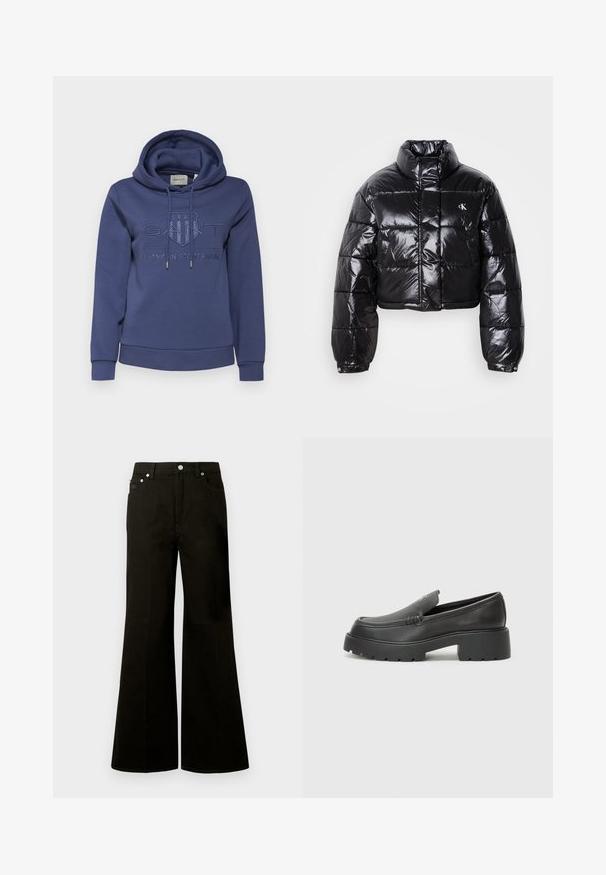 Cropped black puffer jacket with glossy finish, high collar, front zipper, and logo detail. Features oversized sleeves and quilted sections.; GANT TONAL SHIELD HOODIE - Hoodie - dusty navy; Black high-waist wide-leg jeans with front button and zipper, belt loops, and five pockets including a small coin pocket.; Black leather loafers with a rounded toe, thick textured sole, and minimal stitching details. Sleek design with no visible laces or hardware.
