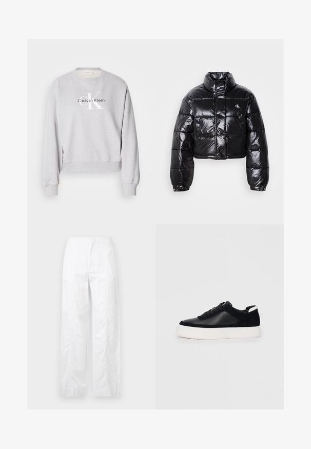 Fekete, fényes felületű, vágott pufi dzseki, magas gallérral, elülső cipzárral és logó részlettel. Tágas ujjakkal és steppelt részekkel rendelkezik.; Szürke pulóver kerek nyakkal, hosszú ujjú és bordás mandzsettával. Nyomtatott logóval rendelkezik: "Calvin Klein" és "cK" fekete-fehér színben.; Fehér, széles szárú nadrág könnyű anyagból, sima textúrával, letisztult vonalakkal és magasderék kialakítással.; Fekete sportcipő sima bőrből és velúr panelekkel, lapos fűzőkkel, kerek orral és fehér gumi talppal. Megkülönböztető logó a sarkán.