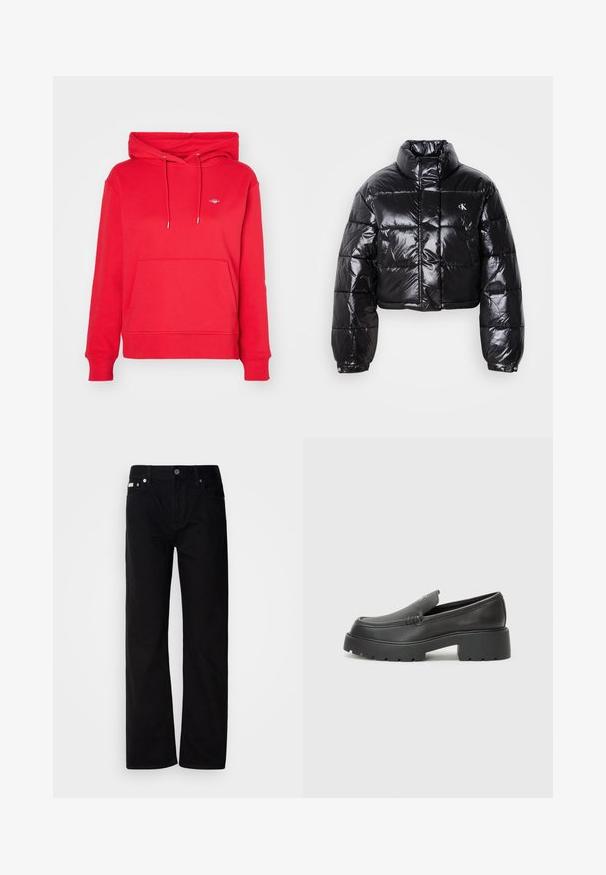 Casaco puffer preto cropped com acabamento brilhante, gola alta, fecho éclair à frente e detalhe de logótipos. Apresenta mangas oversized e secções acolchoadas.; GANT SHIELD HOODIE - Camisola - bright red; Calças de ganga pretas de perna reta com cinco bolsos, rebites prateados e fecho de botão. O tecido tem um acabamento suave e ligeiramente texturizado.; Mocassins de couro preto com bico arredondado, sola espessa e texturizada, e detalhes de costura minimalistas. Design elegante sem atacadores ou ferragens visíveis.