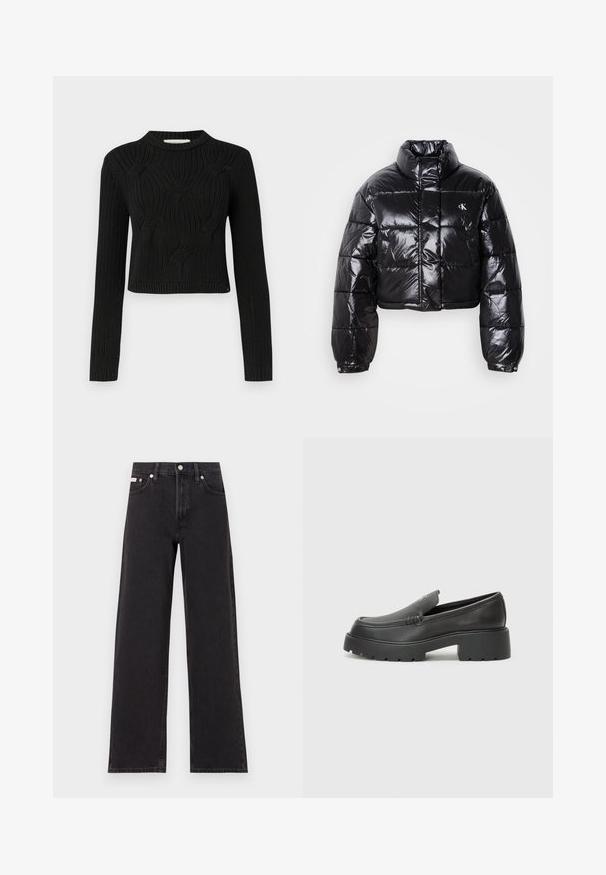Izgriezta melna pūkainā jaka ar spīdīgu apdari, augstu apkakli, priekšējiem rāvējslēdzējiem un logotipa detaļām. Iezīmējas ar pārspīlētiem piedurknēm un quilted sekcijām.; Melnā adīta džemperis ar saīsinātu dizainu, garām piedurknēm un teksturētām ribām uz priekšpuses un aizmugurē.; Melni platmalu džinsi, kas izgatavoti no denima, ar augstu vidukli, piecu kabatu dizainu un metāla pogas aizdari ar kontrastējošu šuvumu.; Melnas ādas mokasīni ar noapaļotu purngalu, biezs teksturēts zoles un minimālas dūriena detaļas. Gluds dizains bez redzamām auklām vai metāla elementiem.