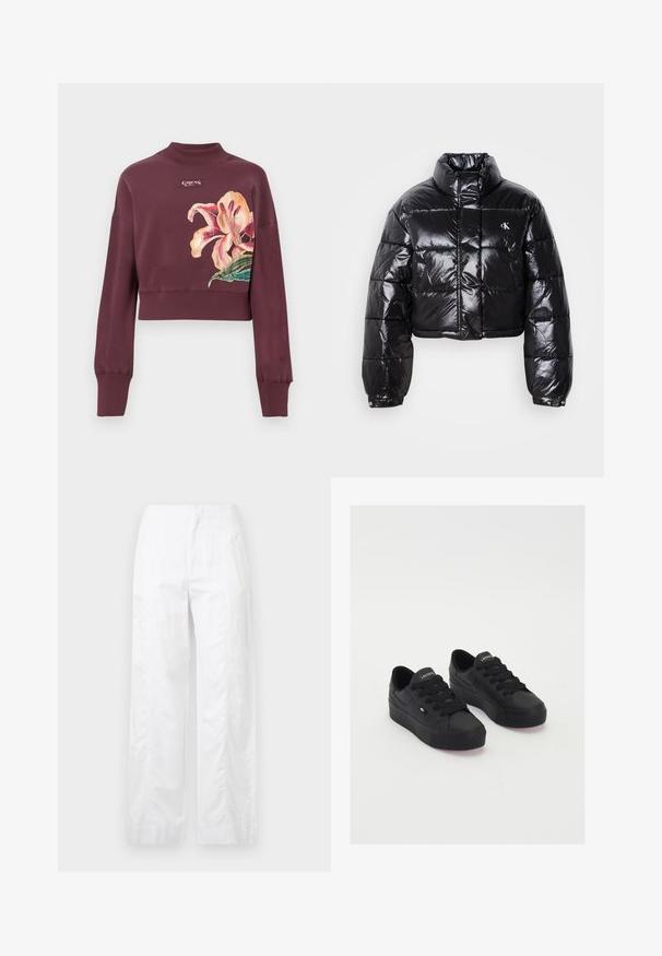 Lühendatud must puffer-jakk läikiva viimistlusega, kõrge krae, eeslukuga ja logodetailiga. Omab üleöö suuruseid varrukaid ja tikitud sektsioone.; Tumepruun lühike sviiter ribakrae ja -varrukatega, millel on suur roosa ja oranž lillemuster ning väike kaubamärgi logo rinnal.; Valged laiad püksid, mis on valmistatud kergetest materjalidest, omades siledat tekstuuri, puhtaid jooni ja kõrget vöökohta.; Mustad mustad madalate tossud, mis on valmistatud siledast materjalist, paksete paeltega, kareda tallaga ning väikese logoga küljel ja keelega.