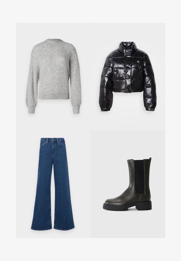 Jachetă puffer neagră scurtă cu finisaj lucios, guler înalt, fermoar frontal și detaliu cu logo. Are mâneci supradimensionate și secțiuni quilted.; Pulover tricotat de culoare gri deschis, fabricat dintr-un material moale, având un guler rotund și mâneci lungi, ușor puffate, cu tivuri ribbate.; Jeans din denim albastru cu talie înaltă, cu o croială evazată, având cinci buzunare, închidere cu nasture și cusături în contrast pe șuvițe.; Botine verzi din piele cu panouri elastice pe laterale, vârf rotund și talpă din cauciuc. Încălțămintea are un finisaj texturat și un toc pătrat.