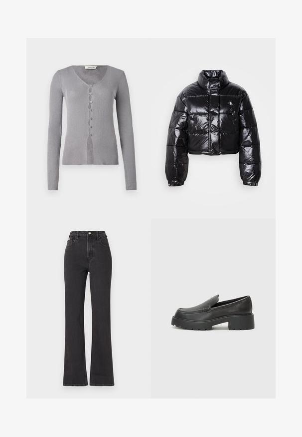 Gekürzte schwarze Steppjacke mit glänzender Oberfläche, hohem Kragen, Frontreißverschluss und Logodetail. Verfügt über übergroße Ärmel und gesteppte Abschnitte.; Grau gerippter Cardigan mit langen Ärmeln, V-Ausschnitt und sieben Knöpfen auf der Vorderseite. Der Stoff hat eine weiche Textur und ein figurbetontes Design.; Schwarze, hochgeschnittene Schlagjeans aus Denim mit Knopfverschluss, Gürtelschlaufen und seitlichen Taschen. Glatte Textur mit minimaler Ausbleichung.; Schwarze Lederloafer mit einer abgerundeten Spitze, dicker strukturierten Laufsohle und minimalen Nähten. Schlankes Design ohne sichtbare Schnürsenkel oder Beschläge.