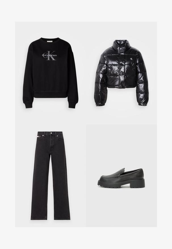 Fekete, fényes felületű, vágott pufi dzseki, magas gallérral, elülső cipzárral és logó részlettel. Tágas ujjakkal és steppelt részekkel rendelkezik.; Fekete pamut pulóver, kerek nyakkivágással és bő szabással. Az elején egy nagy szürke logó látható "Calvin Klein" és "CK" felirattal.; Fekete, bőszárú farmernadrág, magas derekú, öt zsebes kialakítással és fém gombos záródással, kontrasztos varrással.; Fekete bőr loafer cipők kerek orral, vastag, texturált talppal és minimális varrási részletekkel. Áramvonalas dizájn, látható fűzők vagy fém részek nélkül.