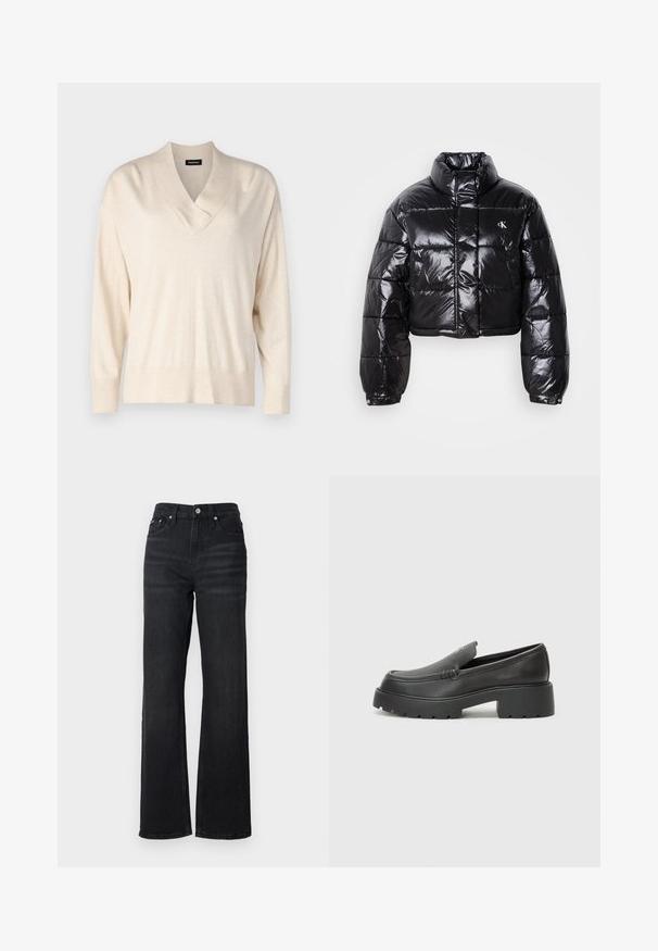 Lühendatud must puffer-jakk läikiva viimistlusega, kõrge krae, eeslukuga ja logodetailiga. Omab üleöö suuruseid varrukaid ja tikitud sektsioone.; Beige kampsun V-kaelusega ja pikkade varrukatega. Tegemist on pehme, kerge kangaga. Omab lõdva istuvust ning soonikkoes varruka- ja helmakraade.; Mustadelle laiade jalad teksad mustas värviss, kõrge vöökohaga, viie taskuga kujundus ja hõbedane metallne nupp. Kanga tekstuur on sile ja veidi veniv.; Mustad nahast loafers ümarate varvastega, paksu tekstuuriga tald ja minimaalsete õmbluse detailidega. Viimistletud disain, kus pole nähtavaid paelu ega riistu.