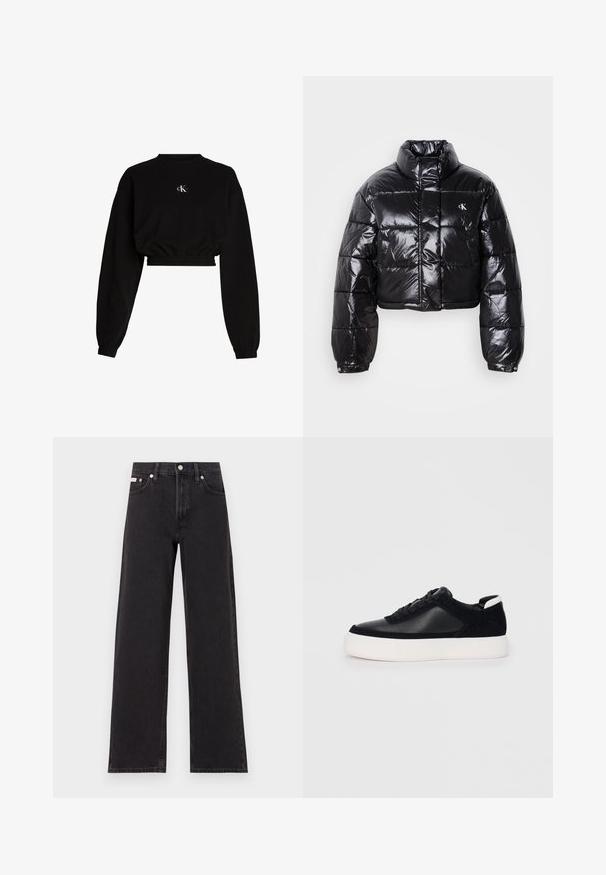 Casaco puffer preto cropped com acabamento brilhante, gola alta, fecho éclair à frente e detalhe de logótipos. Apresenta mangas oversized e secções acolchoadas.; Sweatshirt cropped preto feito de algodão, com mangas longas, um colarinho canelado e um logo na parte do peito. Detalhe de cintura elástica.; Jeans de perna larga pretos feitos de denim, apresentando uma cintura alta, estilo de cinco bolsos e um fecho em botão de metal com costura contrastante.; Sapatilha preta com painéis de pele lisa e camurça, atacadores planos, bico arredondado e sola de borracha branca. Logótipo distinto no calcanhar.