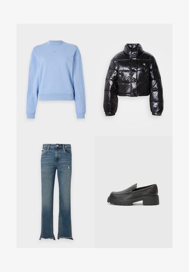 Casaco puffer preto cropped com acabamento brilhante, gola alta, fecho éclair à frente e detalhe de logótipos. Apresenta mangas oversized e secções acolchoadas.; Sweatshirt azul claro com decote redondo canelado, mangas longas e corte cropped. Apresenta o logotipo "HUGO" em relevo na parte da frente. Textura suave.; Calças de ganga azuis com ligeiros desgastes, bainhas cruas desfiadas, bolsos frontais, passadores para cinto e fecho com botão.; Mocassins de couro preto com bico arredondado, sola espessa e texturizada, e detalhes de costura minimalistas. Design elegante sem atacadores ou ferragens visíveis.